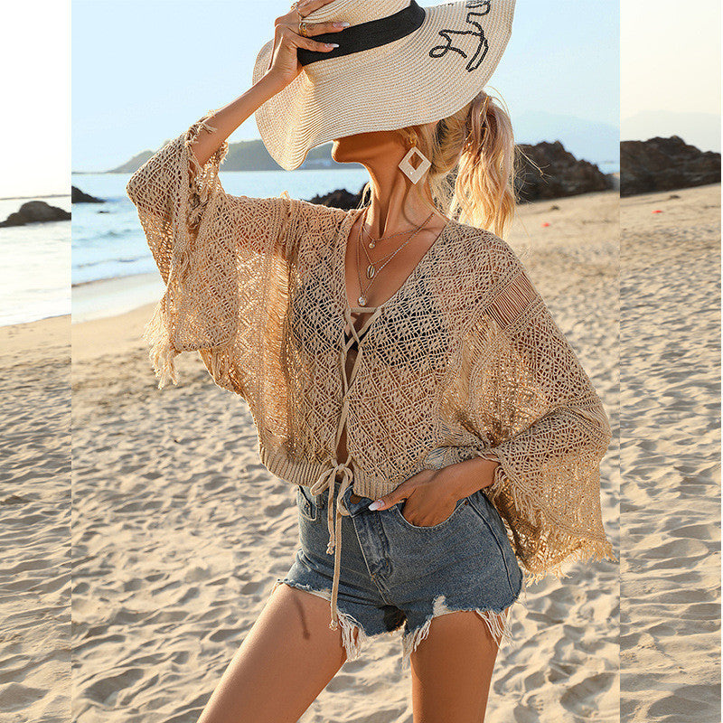Beach Sun Protection Shirt Swimsuit Outwear Blouse Beach Jacket Water Soluble Lace Bell Sleeve Bikini Crochet hook Bella Mia